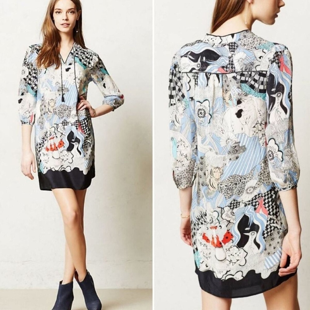 Anthropologie Drawing By Florence Balducci Silk Cleo Dress Floral Animals S - Picture 1 of 4